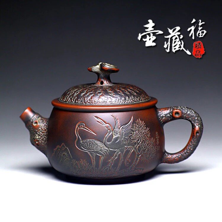 源宝供春汉瓦壶藏福坭兴陶茶壶复古黎昌权仙鹤雕刻纯手工泡茶壶
