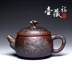 源宝供春汉瓦壶藏福坭兴陶茶壶复古黎昌权仙鹤雕刻纯手工泡茶壶