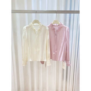 徐开开 米/紫 富家千金精致立体花朵钉珠领圈花边领系带长袖衬衫