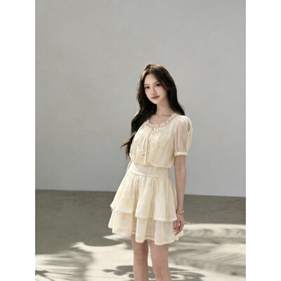 奶油舒芙蕾甜美双层碎钻蛋糕裙