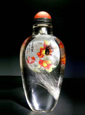 北京翠琦轩天然水晶内画鼻烟壶金鱼金玉满堂