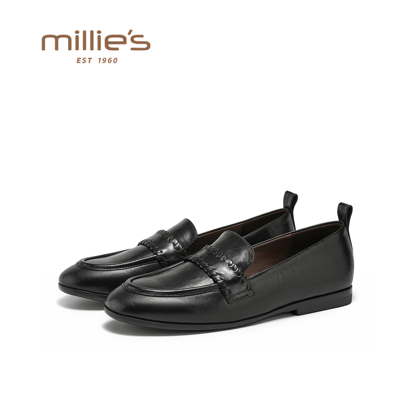 MILLIE'S/妙丽英伦风真皮乐福鞋女春季黑色平底一脚蹬通勤小皮鞋,女鞋,玛丽珍鞋,淘宝优惠券,粉丝福利购,淘宝优惠卷