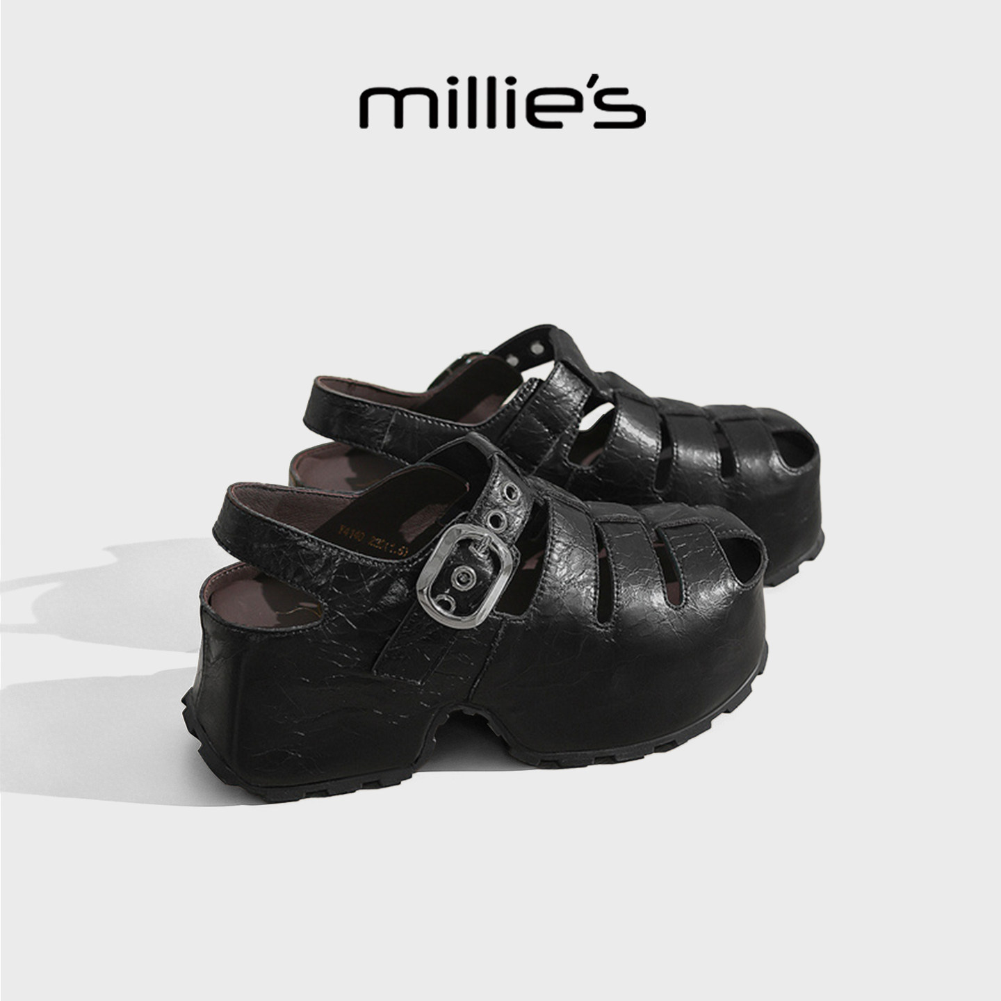MILLIE'S/妙丽厚底罗马凉鞋女夏季黑色镂空包头松糕鞋时尚增高