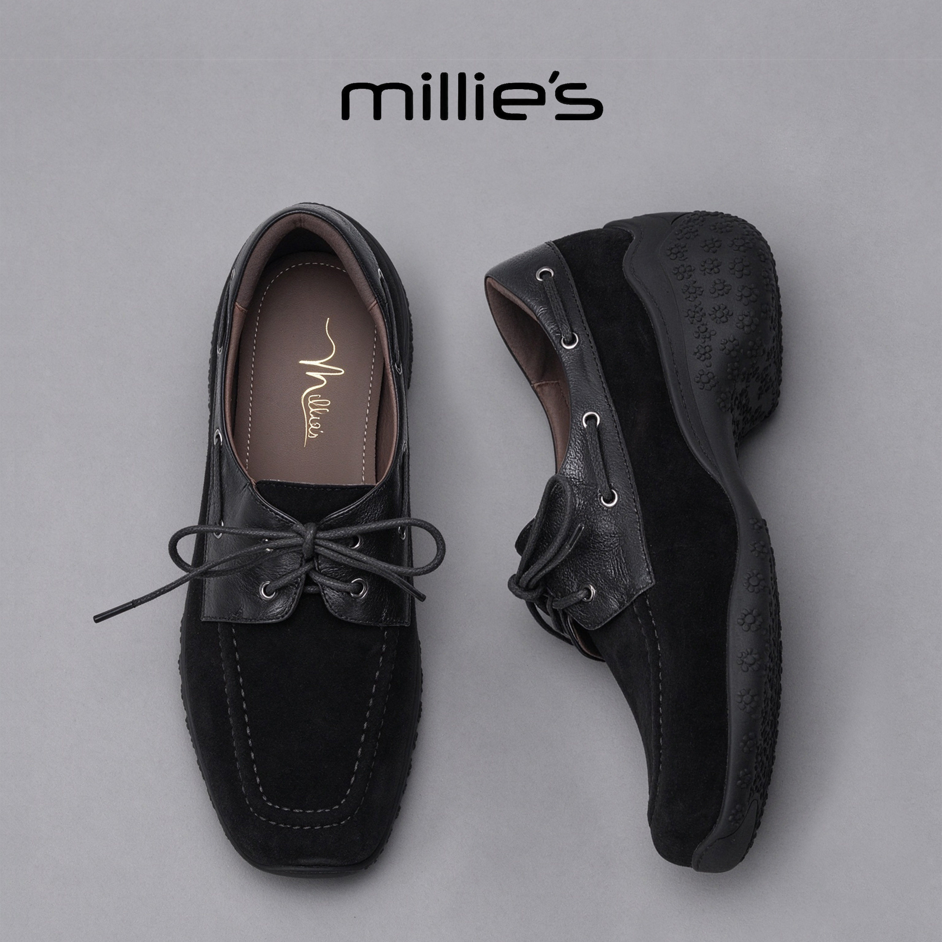 MILLIE'S/妙丽官方旗舰店真皮深口方头鞋女黑色系带软底复古皮鞋C