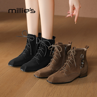 款 MILLIE 妙麗短靴女2025秋季 系帶真皮英倫風(fēng)馬丁靴 坡跟高跟鞋