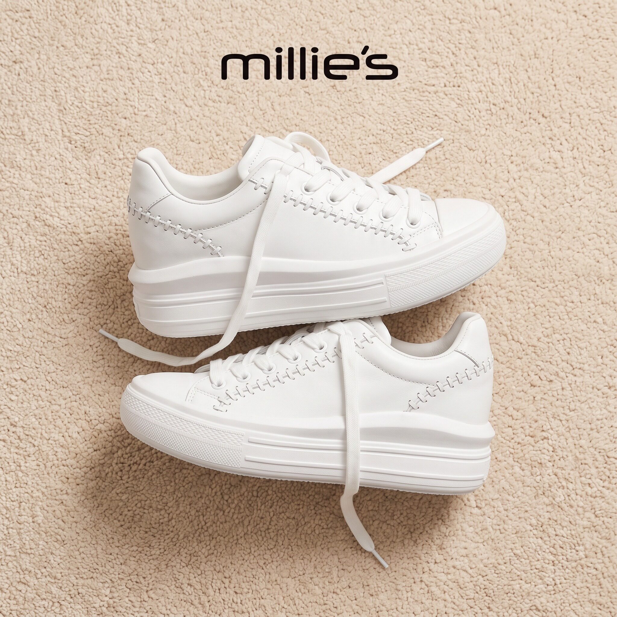 MILLIE'S/妙丽官方旗舰店简约白色休闲板鞋增高小白鞋女松糕跟C