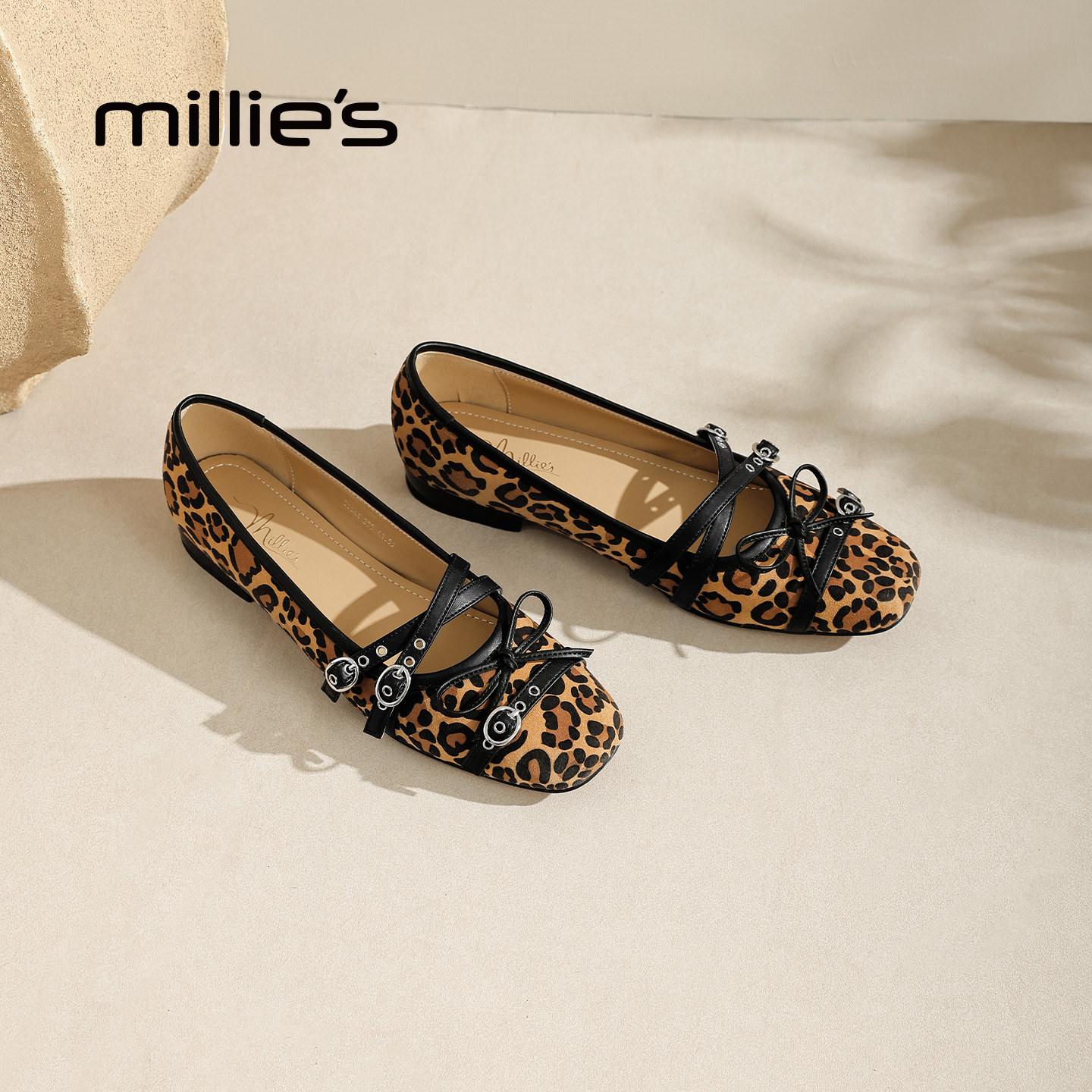 MILLIE'S/妙丽豹纹交叉带玛丽珍鞋女平底芭蕾舞鞋百搭浅口单鞋,女鞋,浅口单鞋,淘宝优惠券,粉丝福利购,淘宝优惠卷
