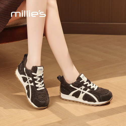 MILLIE S/妙丽加绒厚底德训鞋女冬季保暖拼接舒适系带运动休闲鞋
