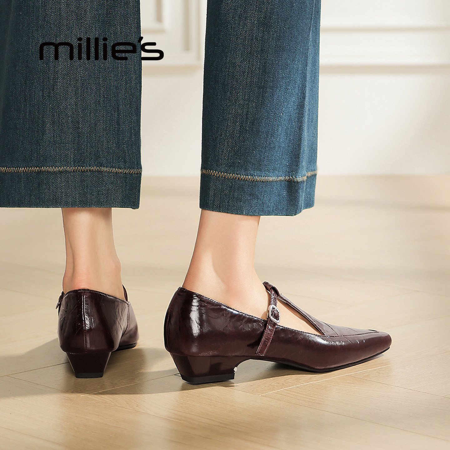 MILLIE'S/妙丽玛丽珍鞋女2026新款易穿脱小皮鞋方头软底通勤单鞋
