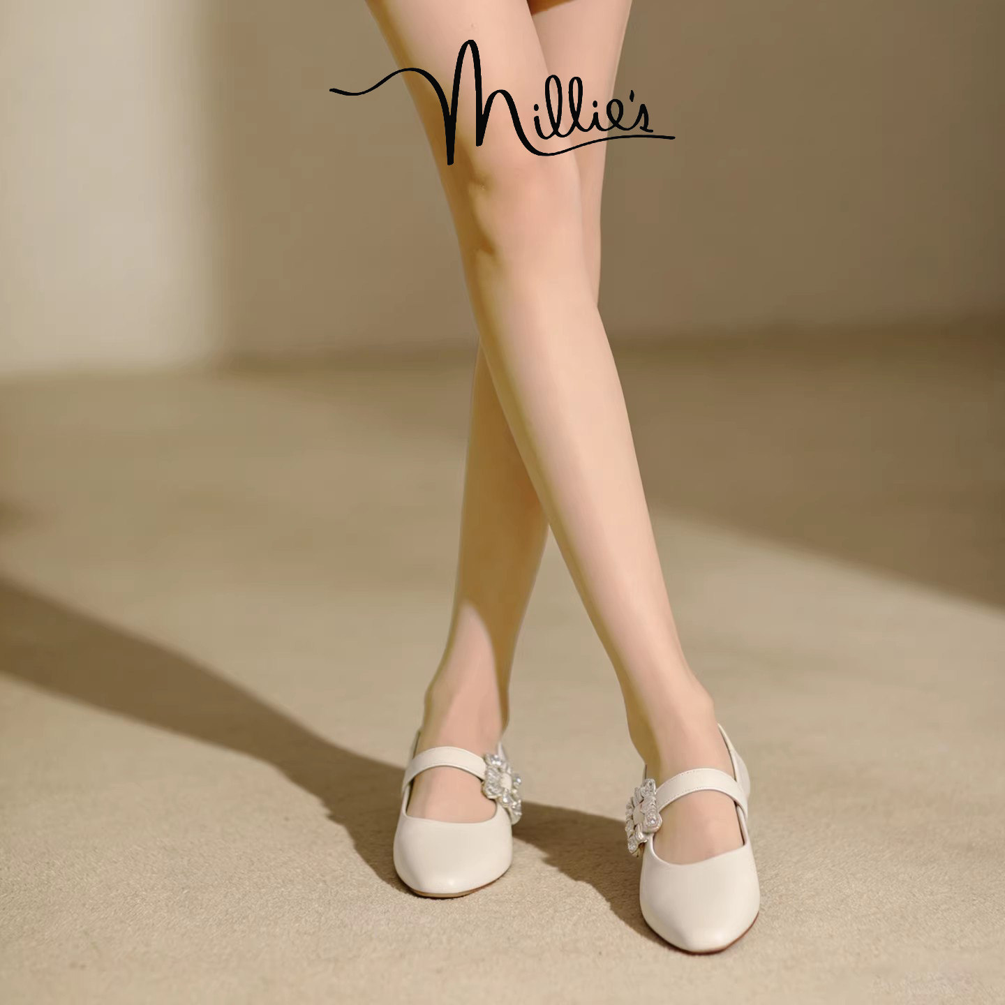 MILLIE'S/妙丽法式尖头玛丽珍鞋女款2026春季新款一字带粗跟单鞋