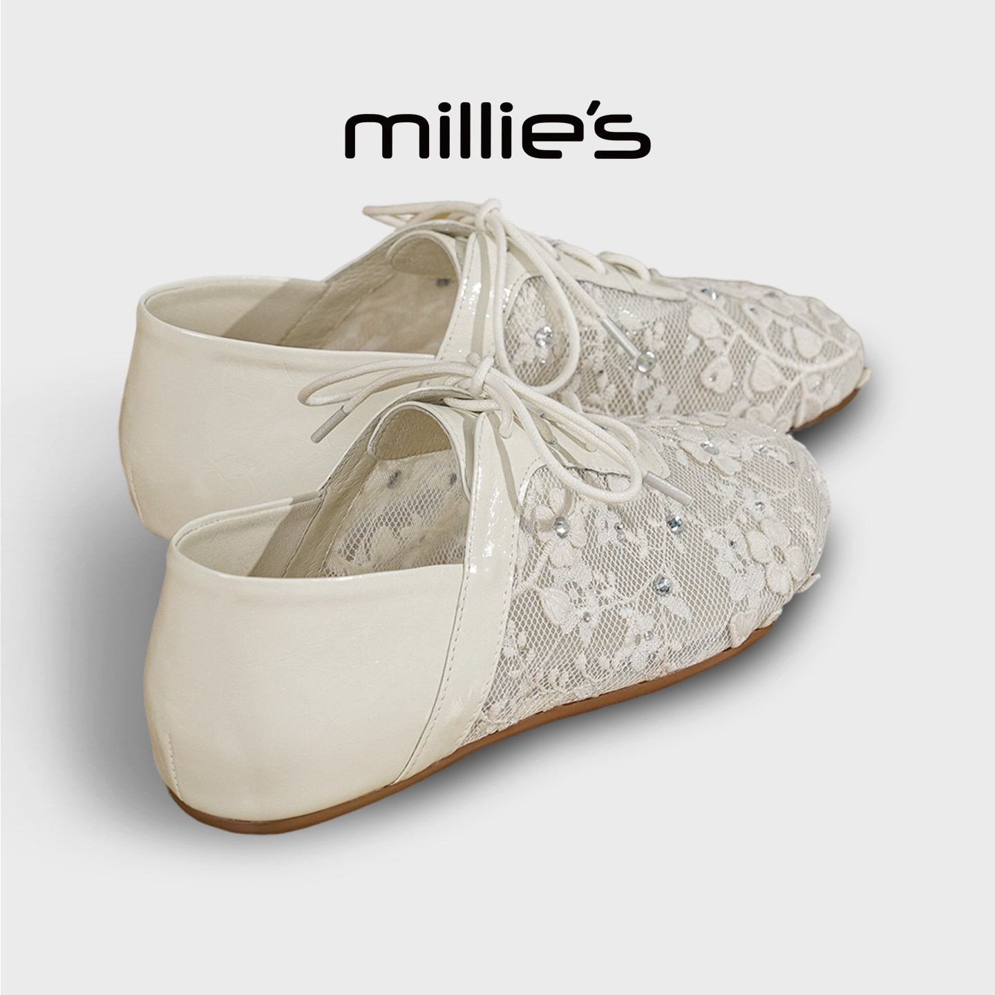 MILLIE'S/妙丽蕾丝网面鞋女夏季透气白色内增高复古休闲平底单鞋
