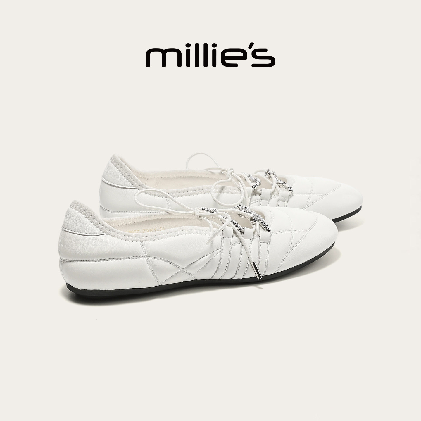 MILLIE'S/妙丽白色玛丽珍鞋女2026春夏新款平底女士气质浅口单鞋