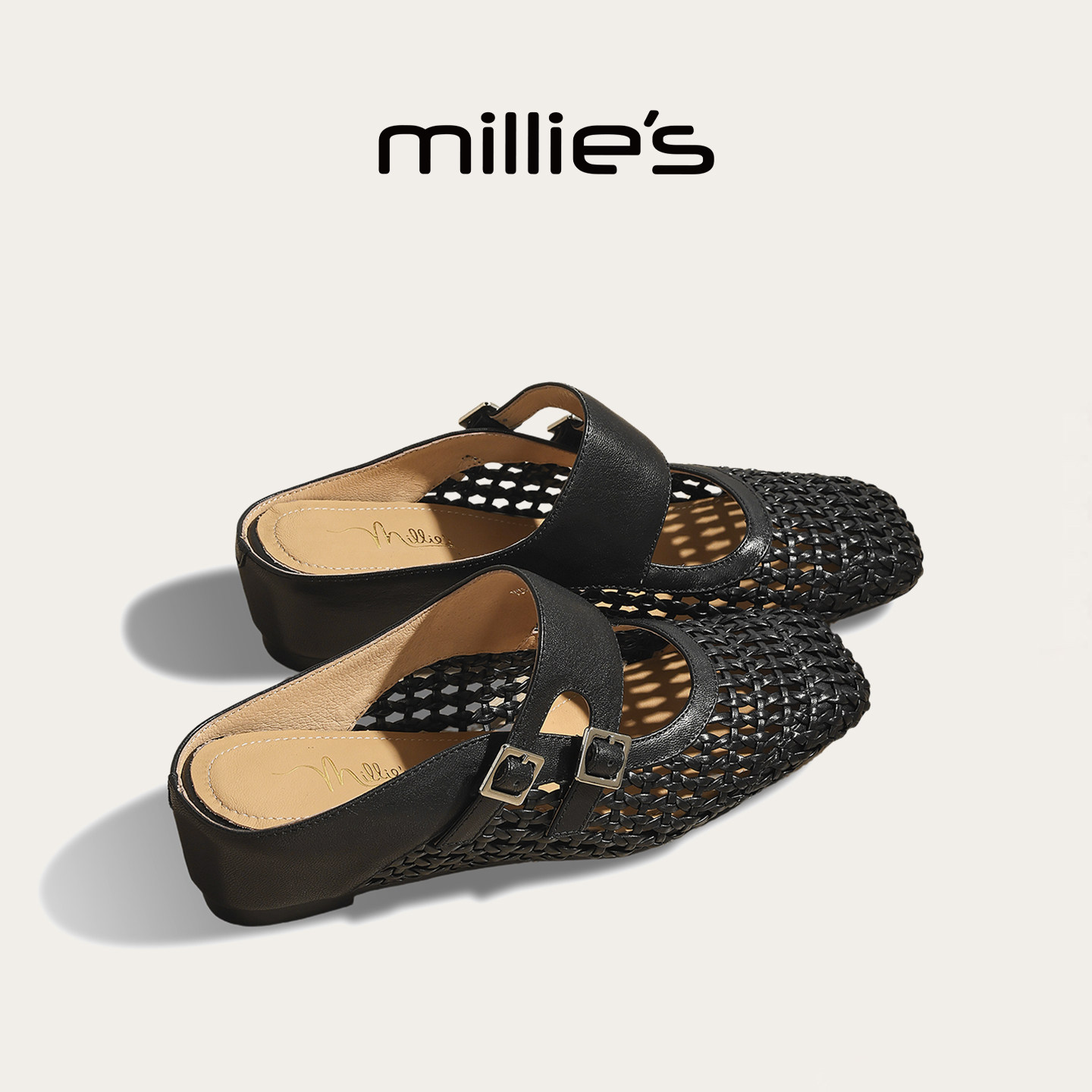 MILLIE'S/妙丽编织镂空玛丽珍包头拖鞋女夏季黑色透气外穿半拖鞋