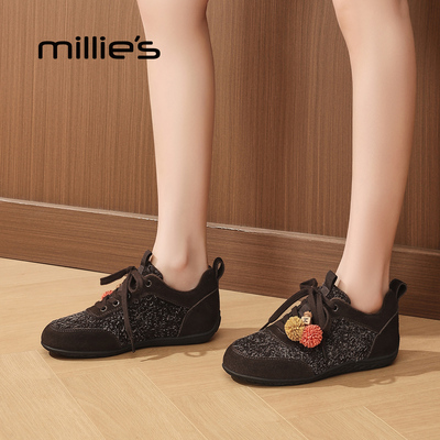 MILLIE S/妙丽厚底板鞋女2025秋季新款串珠内增高软底运动休闲鞋