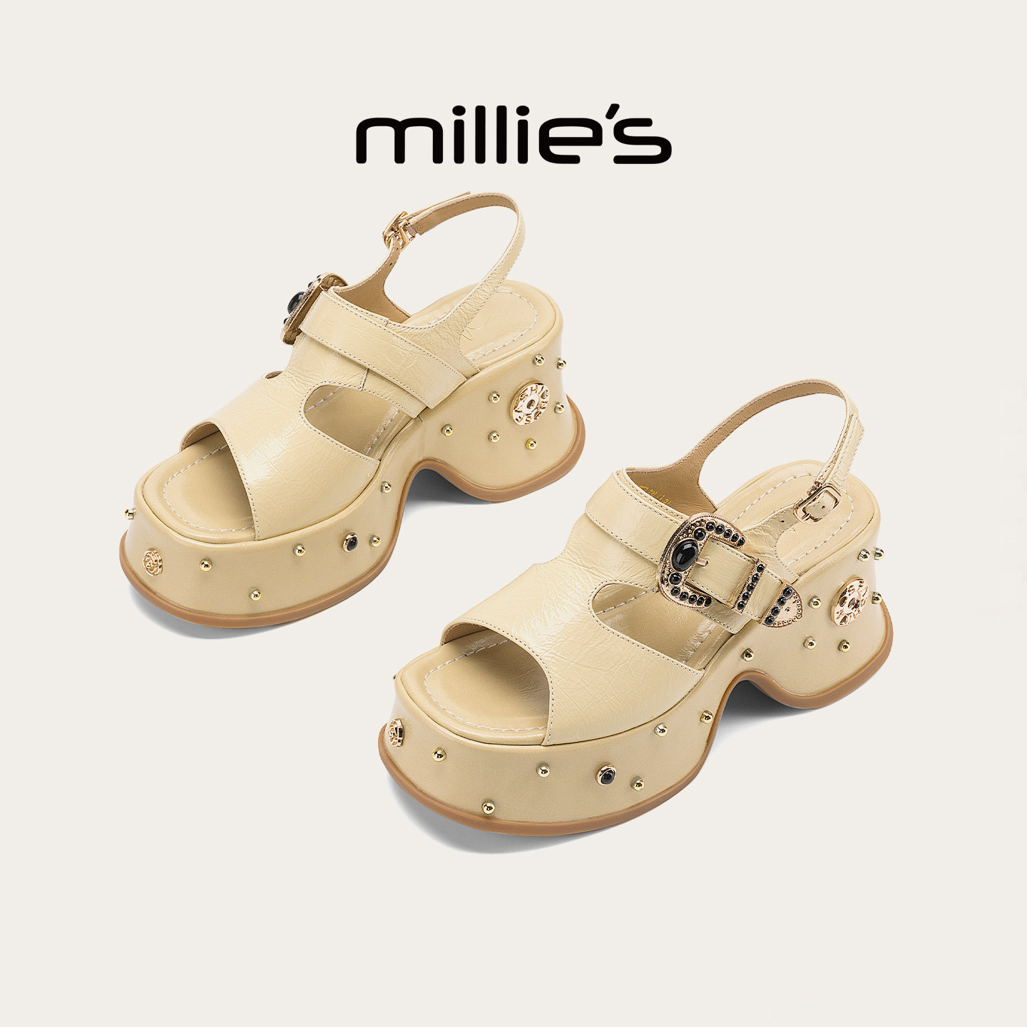 MILLIE'S/妙丽真皮厚底高跟凉鞋女2026夏季新款铆钉露趾增高女鞋