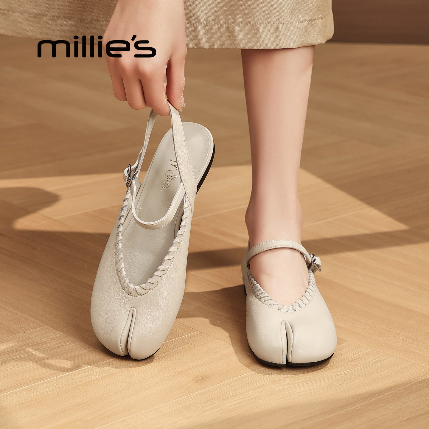 MILLIE'S/妙丽法式玛丽珍鞋女2026新款夏季外穿分趾设计平底凉鞋