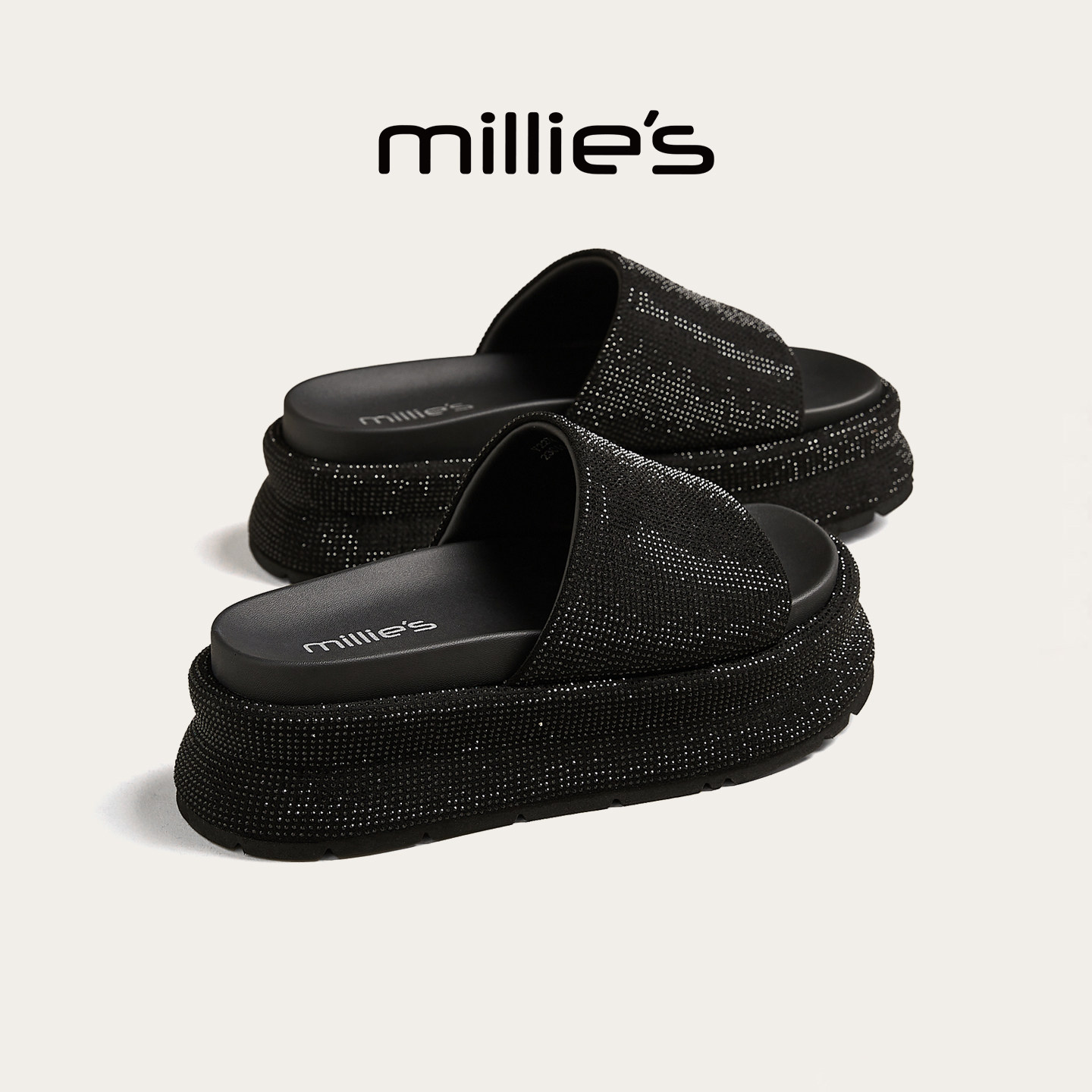 MILLIE'S/妙丽厚底黑色拖鞋女外穿夏季女士配裙子休闲露趾一字拖