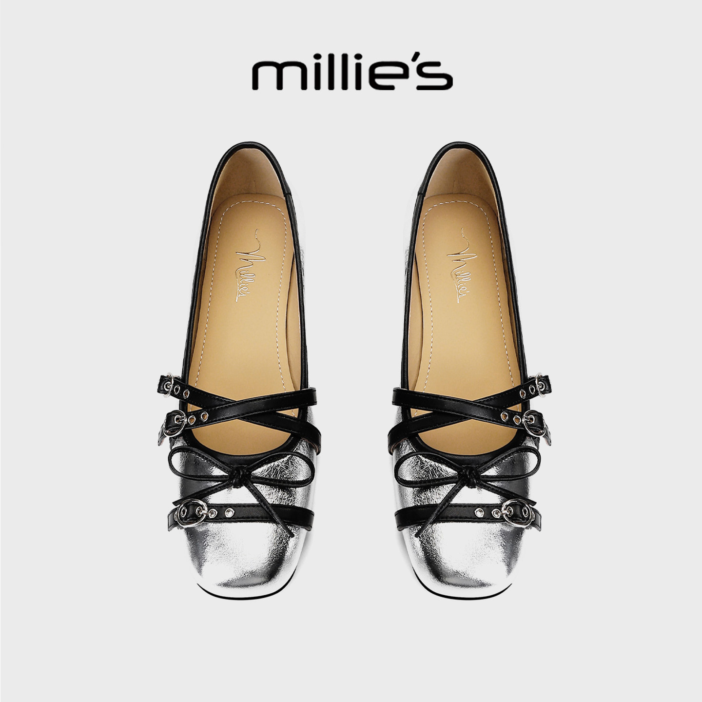 MILLIE'S/妙丽法式银色玛丽珍鞋女2026新款春季真皮平底浅口单鞋,女鞋,浅口单鞋,淘宝优惠券,粉丝福利购,淘宝优惠卷