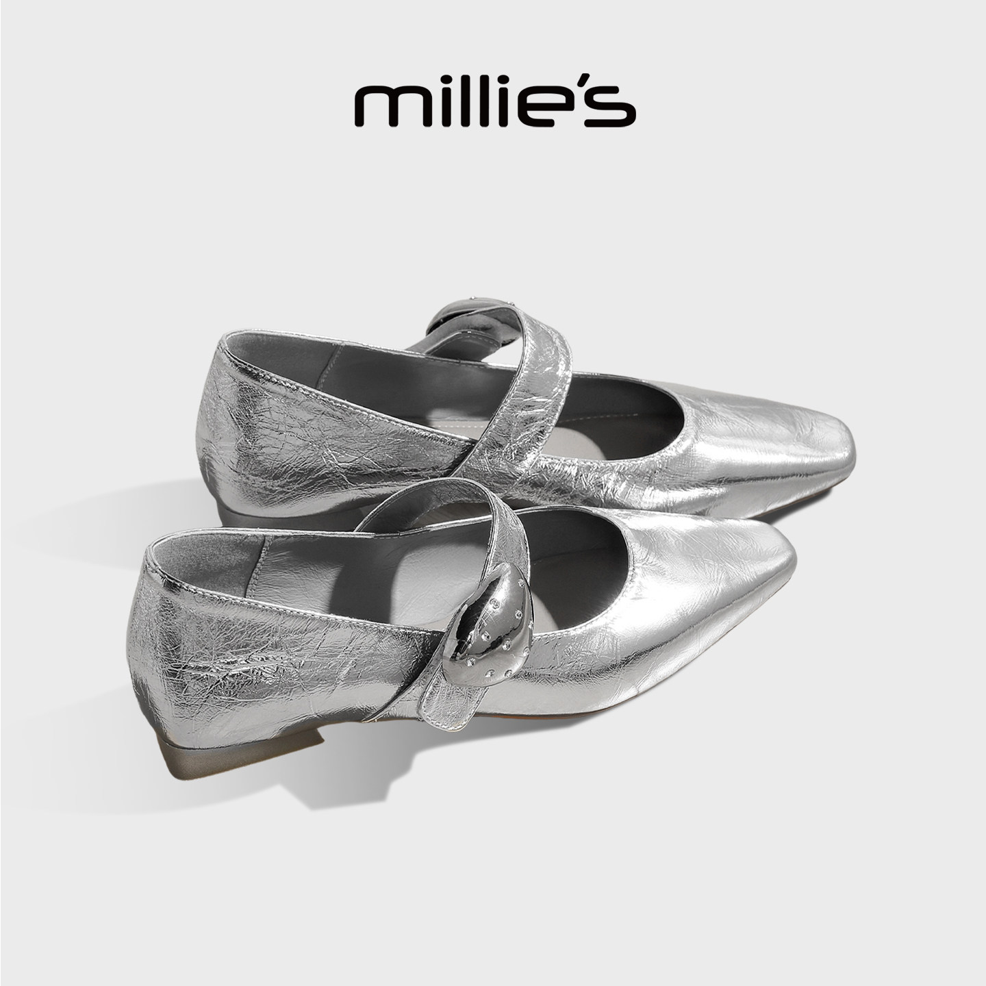 MILLIE'S/妙丽法式银色方头玛丽珍鞋女2026新款低跟一字浅口单鞋,女鞋,浅口单鞋,淘宝优惠券,粉丝福利购,淘宝优惠卷
