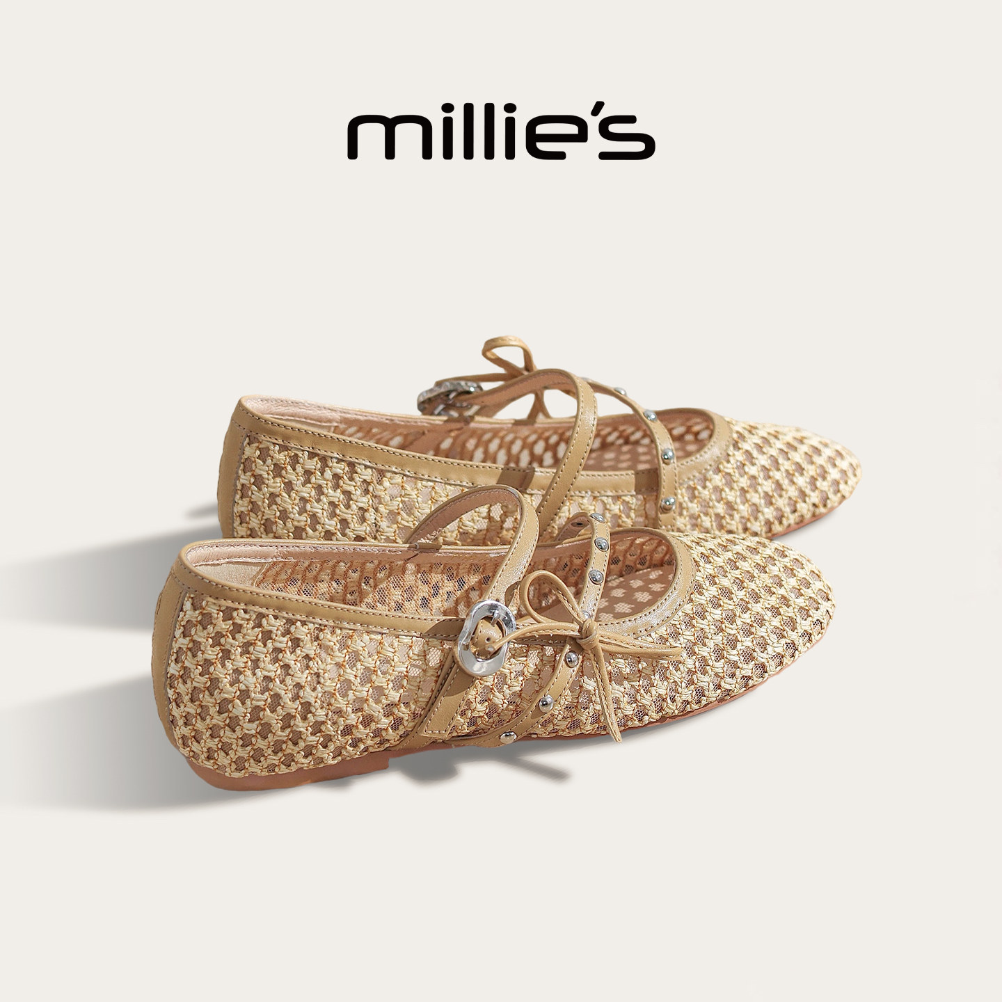 MILLIE'S/妙丽镂空编织玛丽珍鞋女2026夏季新款凉鞋平底浅口单鞋
