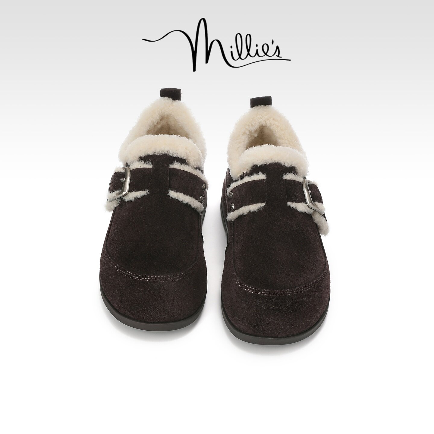 MILLIE'S/妙丽加绒勃肯鞋女冬季厚底保暖毛绒一脚蹬增高休闲鞋