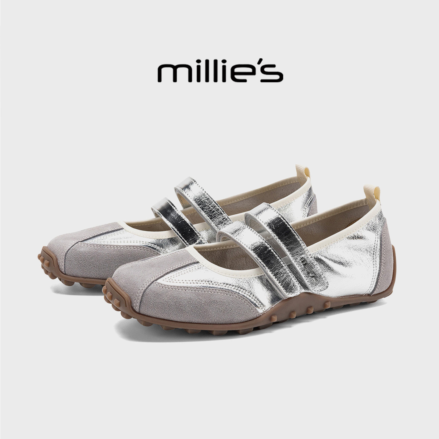 MILLIE'S/妙丽银灰色魔术贴玛丽珍鞋女复古风内增高休闲平底单鞋