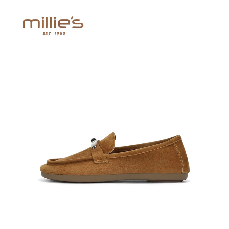 MILLIE'S/妙丽老钱风麂皮乐福鞋女复古百搭一脚蹬豆豆鞋平底单鞋