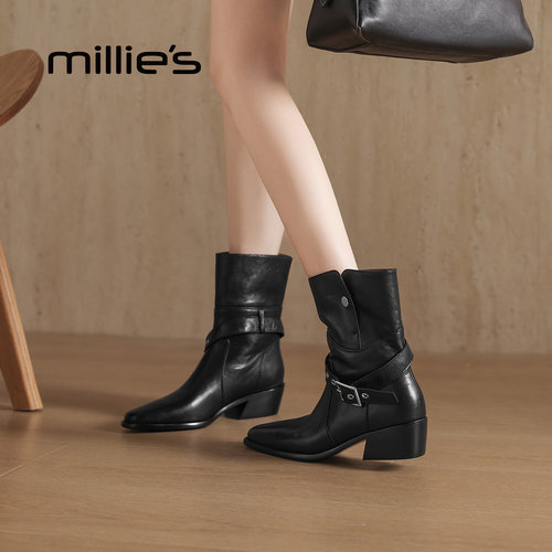 MILLIE'S/妙丽真皮英伦风皮带扣短靴切尔西靴2025冬新款加绒女靴