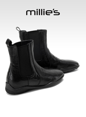 MILLIE'S/妙丽2025新款真皮切尔西靴女加绒黑色短靴子马丁靴子