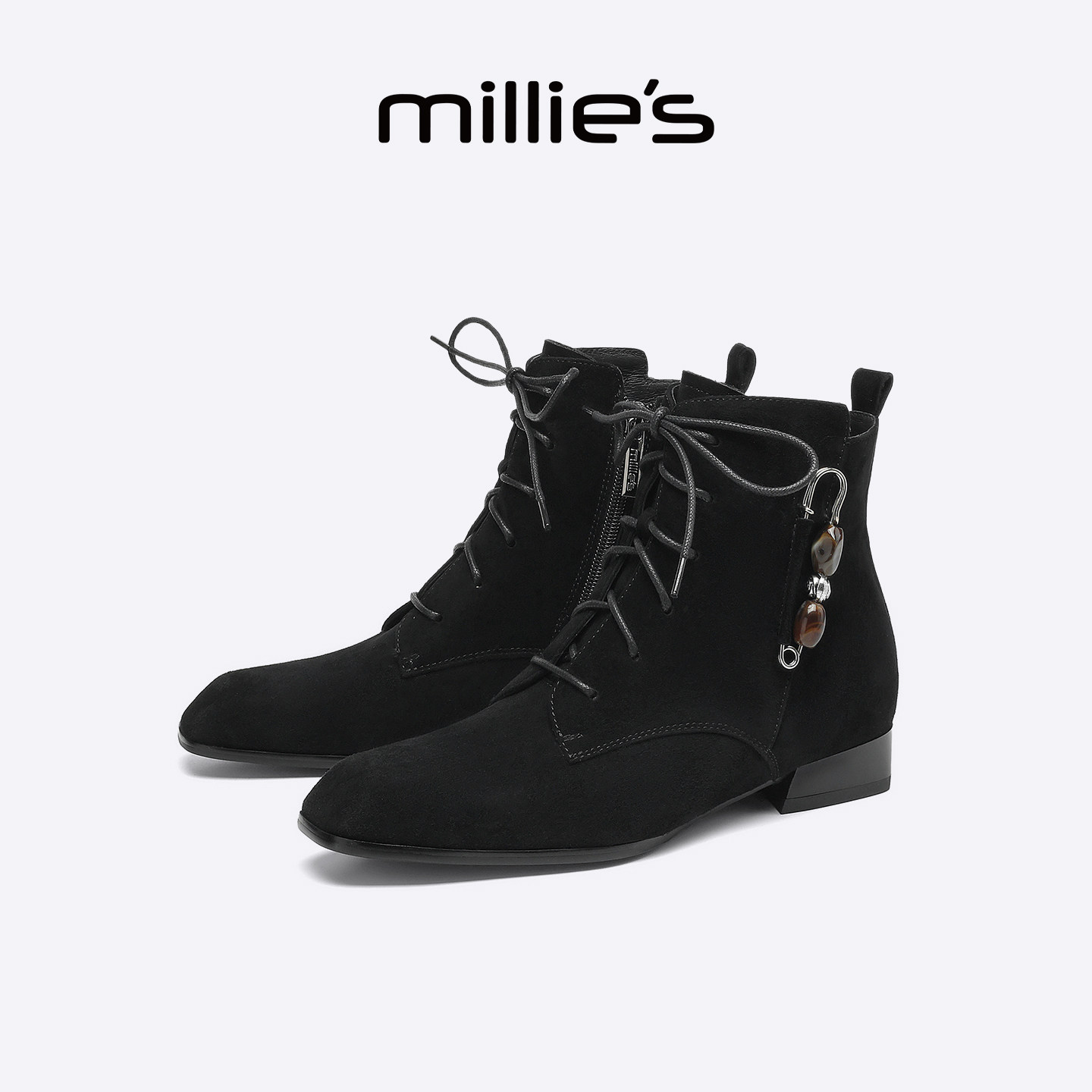MILLIE'S/妙丽马丁靴女款新款秋冬加绒保暖短靴复古黑色拉链靴子