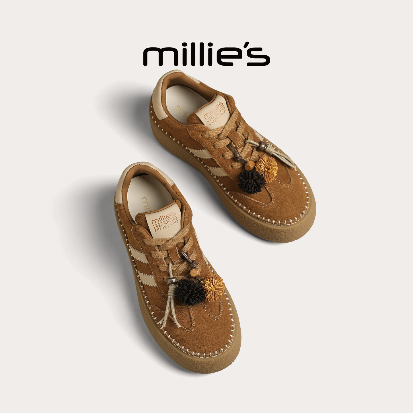 MILLIE'S/妙丽运动休闲鞋女款春季反绒皮厚底板鞋2026新款德训鞋,女鞋,休闲板鞋,淘宝优惠券,粉丝福利购,淘宝优惠卷