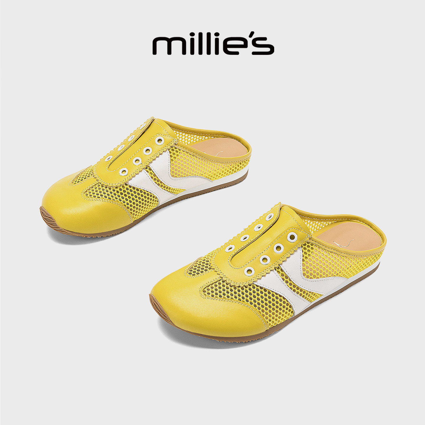 MILLIE'S/妙丽真皮包头拖鞋女外穿黄色网面透气一脚蹬休闲懒人鞋