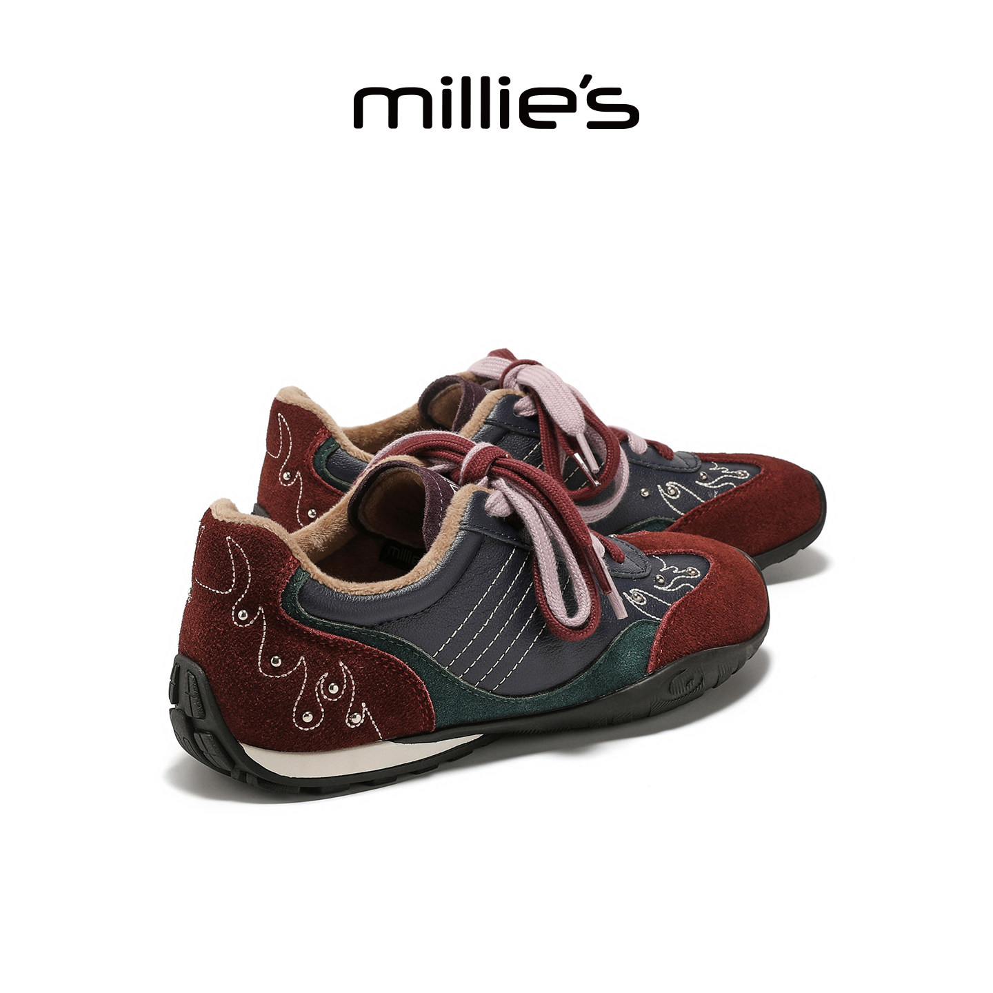 MILLIE'S/妙丽秋冬真皮加绒复古拼色德训鞋女百搭休闲运动鞋女Z