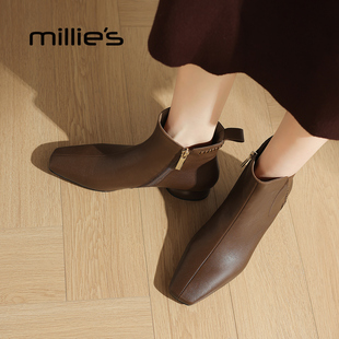 MILLIE'S/妙丽女鞋2026新款配裙子巨好看的早秋靴子棕色女士短靴