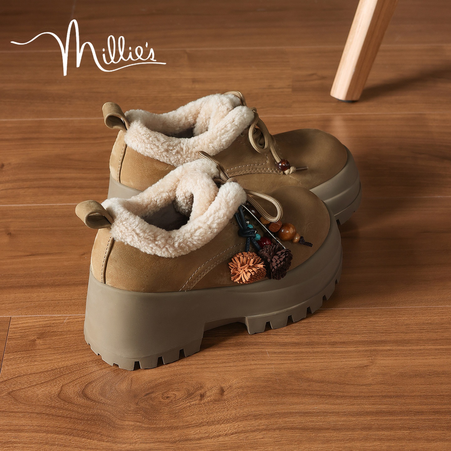 MILLIE'S/妙丽毛绒勃肯鞋女2025冬季新款厚底加绒保暖系带棉鞋