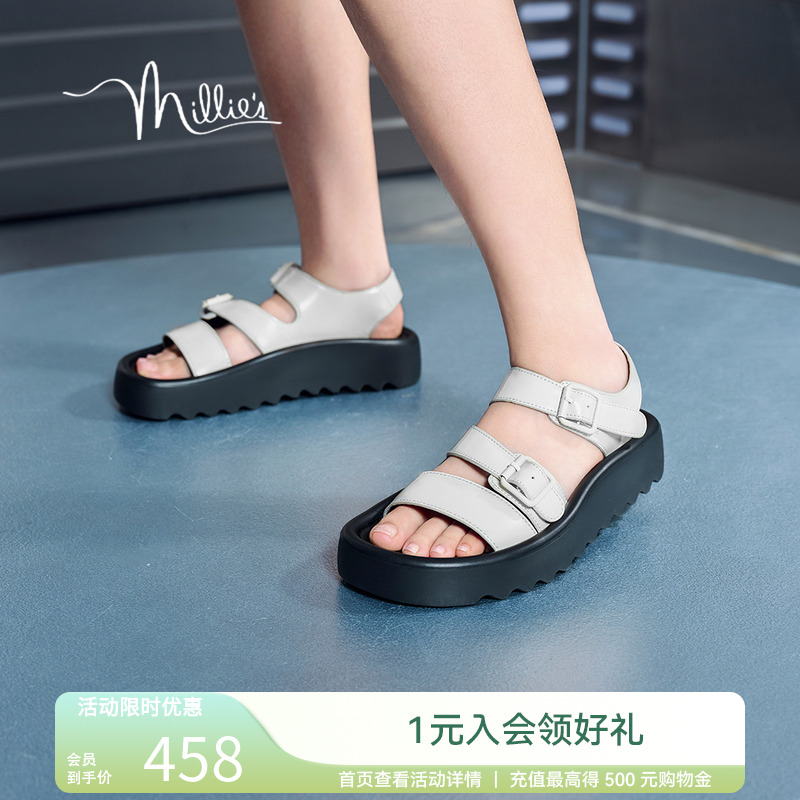 妙丽凉鞋2025夏季新款真皮厚底休闲时尚舒适女外穿凉拖鞋JL220BL4