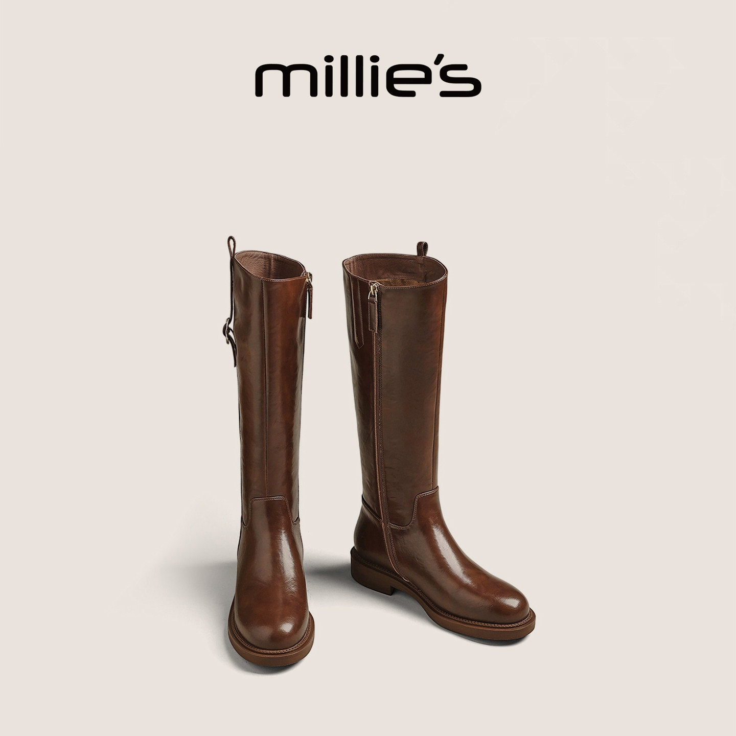 MILLIE'S/妙丽棕色骑士靴女2025冬季新款加绒长靴高筒复古瘦瘦靴,女鞋,骑士靴,淘宝优惠券,粉丝福利购,淘宝优惠卷