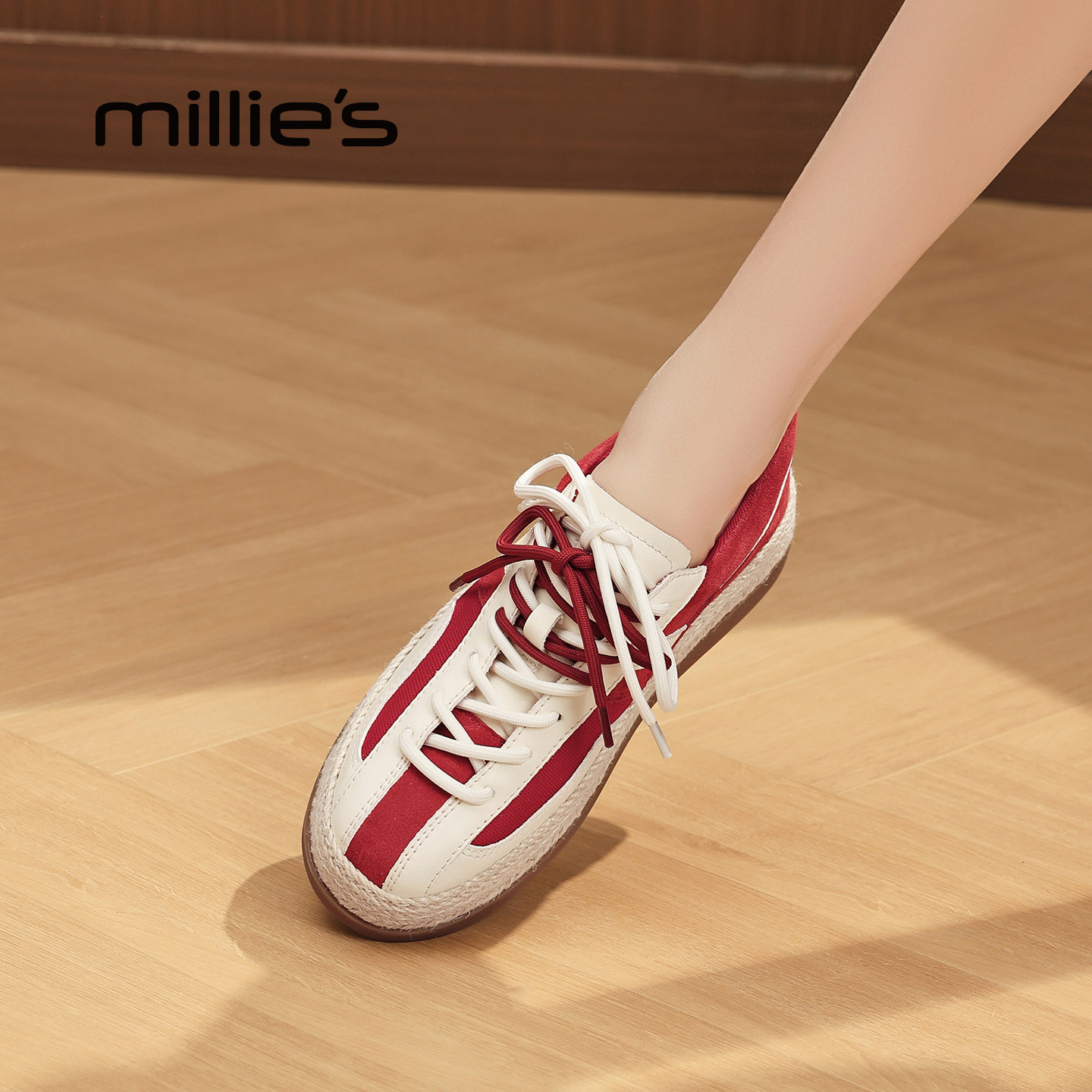 MILLIE'S/妙丽运动休闲鞋女2026新款低帮女鞋春季通勤风红色板鞋,女鞋,时尚休闲鞋,淘宝优惠券,粉丝福利购,淘宝优惠卷