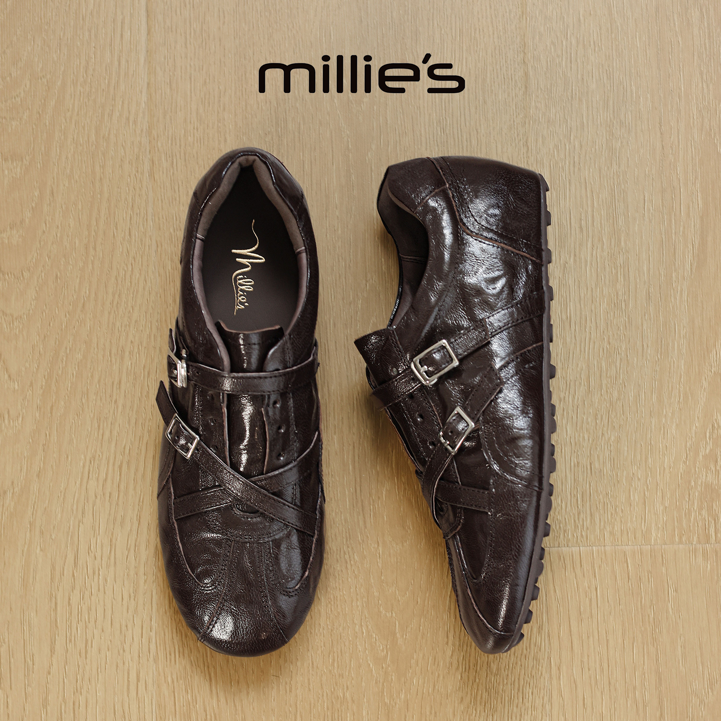 MILLIE'S/妙丽官方旗舰店秋季系带橡胶底德训鞋女褶皱鞋面运动鞋C