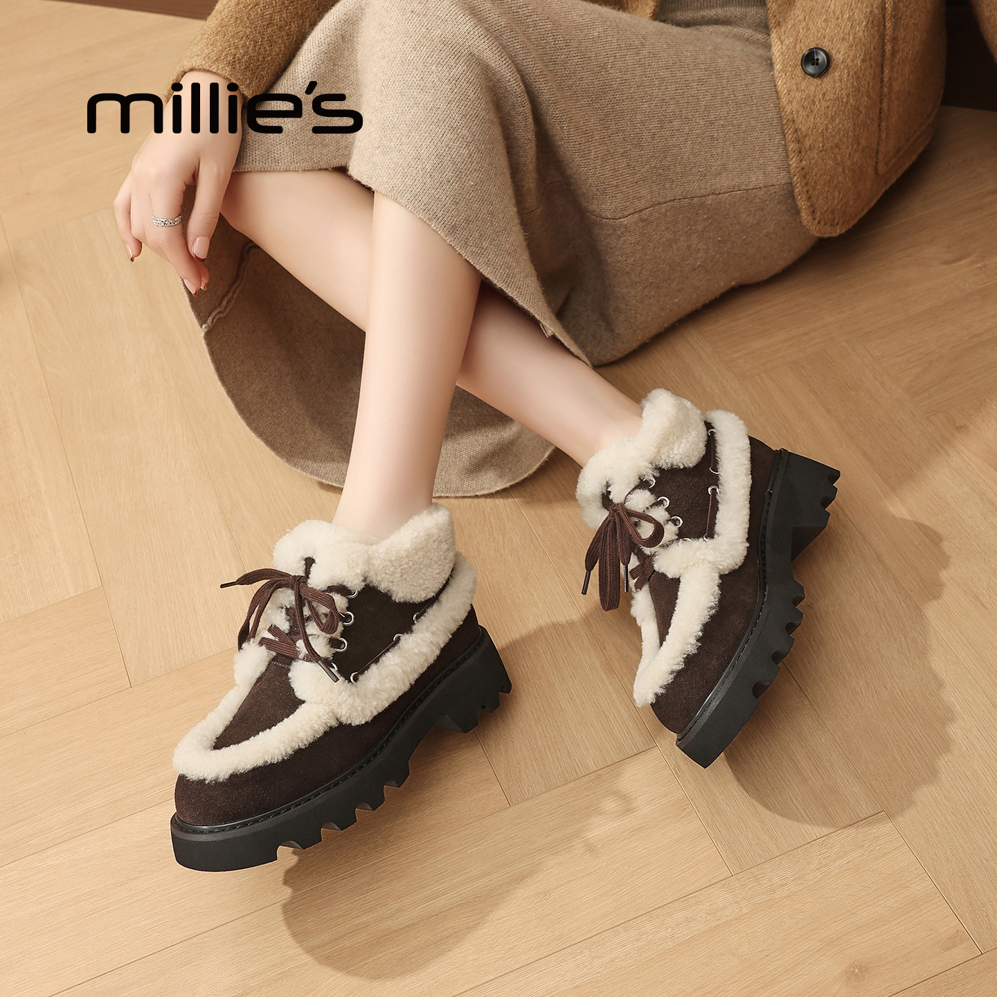 MILLIE'S/妙丽女鞋冬季新款棉鞋加绒英伦风厚底增高系带休闲鞋女