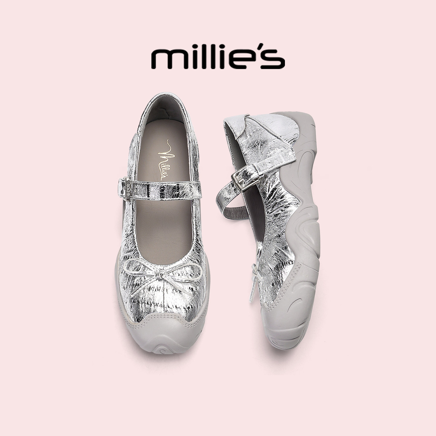 MILLIE'S/妙丽银色单鞋女2026新款春夏季平底真皮浅口低跟小皮鞋
