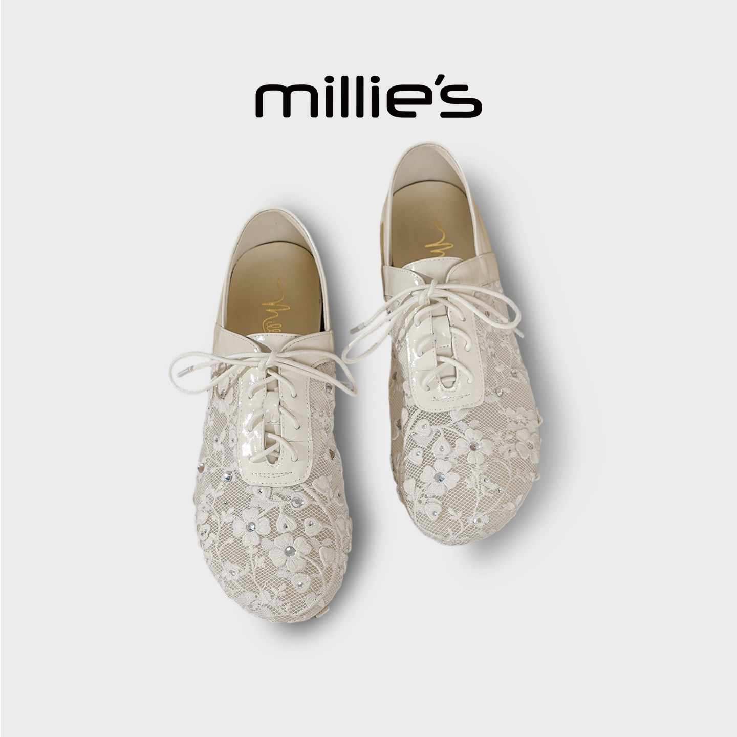 MILLIE'S/妙丽白色蕾丝网面鞋女夏季透气内增高复古休闲平底单鞋