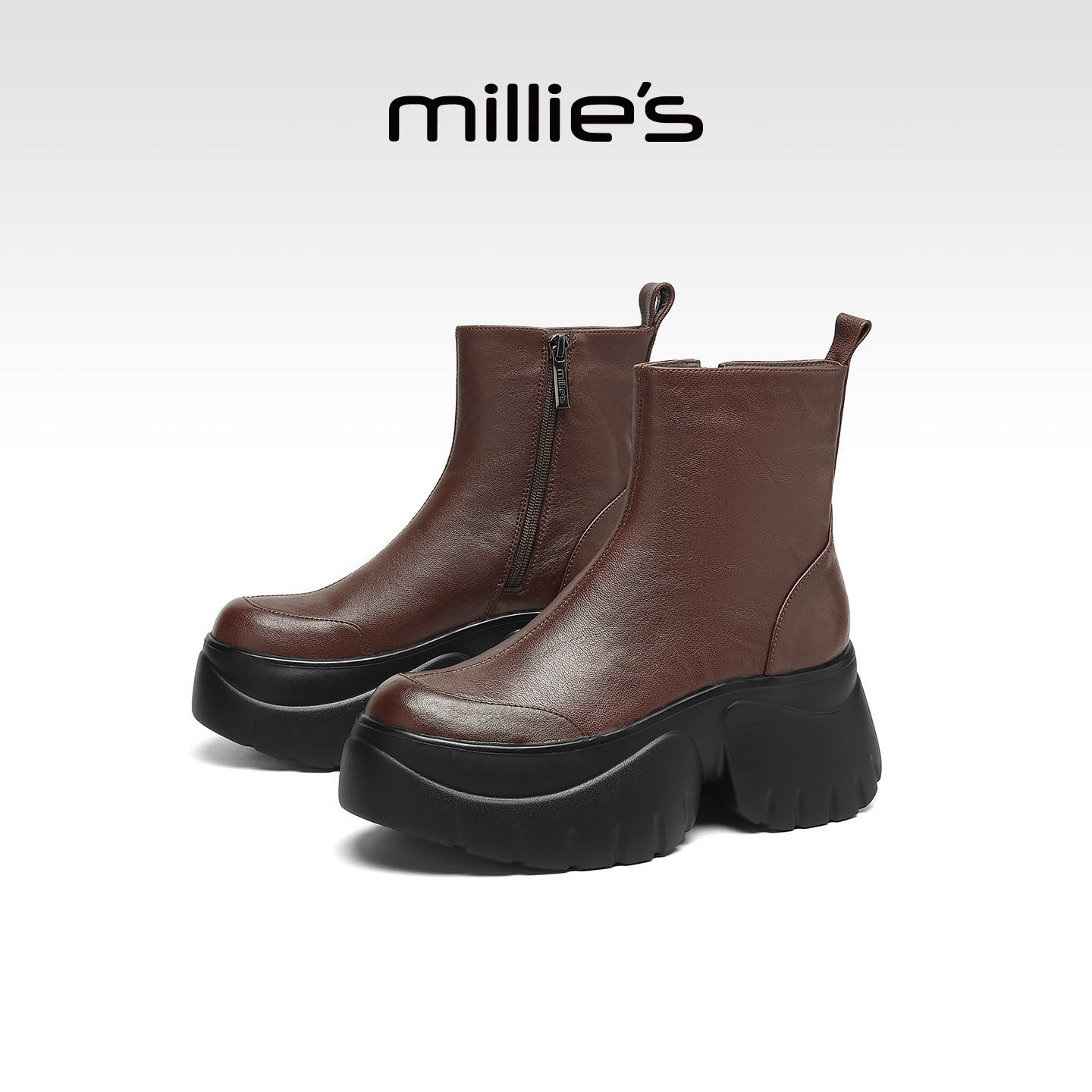 MILLIE'S/妙丽厚底增高短靴女2025新款秋冬加绒切尔西靴百搭女靴