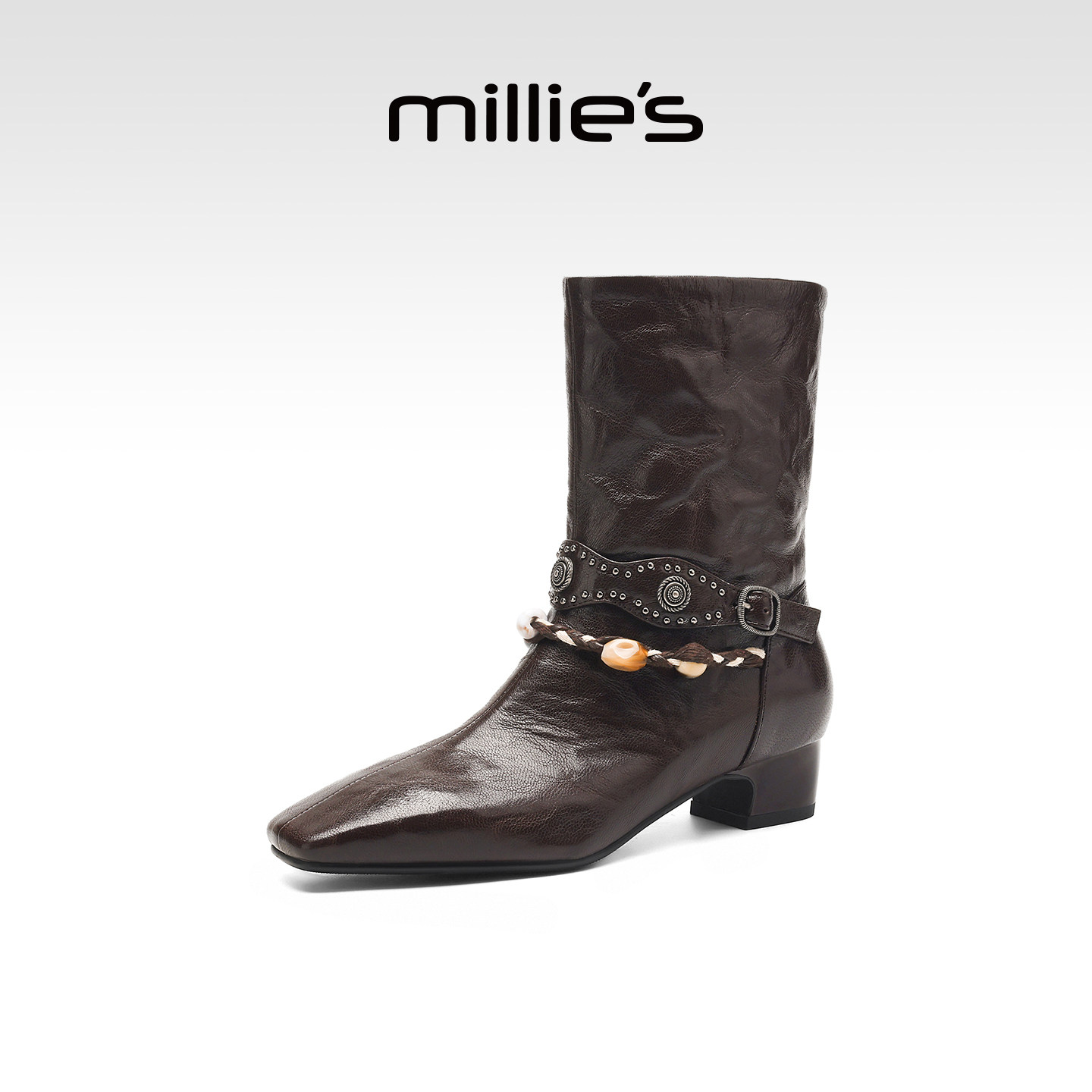 妙丽真皮加绒中筒瘦瘦靴