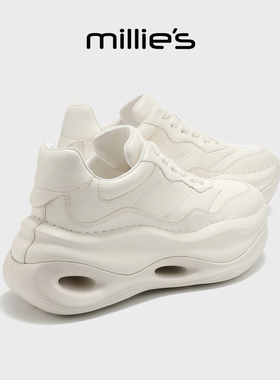 MILLIE'S/妙丽白色厚底老爹鞋女2026新款春季真皮增高时尚休闲鞋