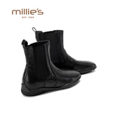 妙丽2025新款 MILLIE 真皮切尔西靴女加绒黑色短靴子马丁靴子