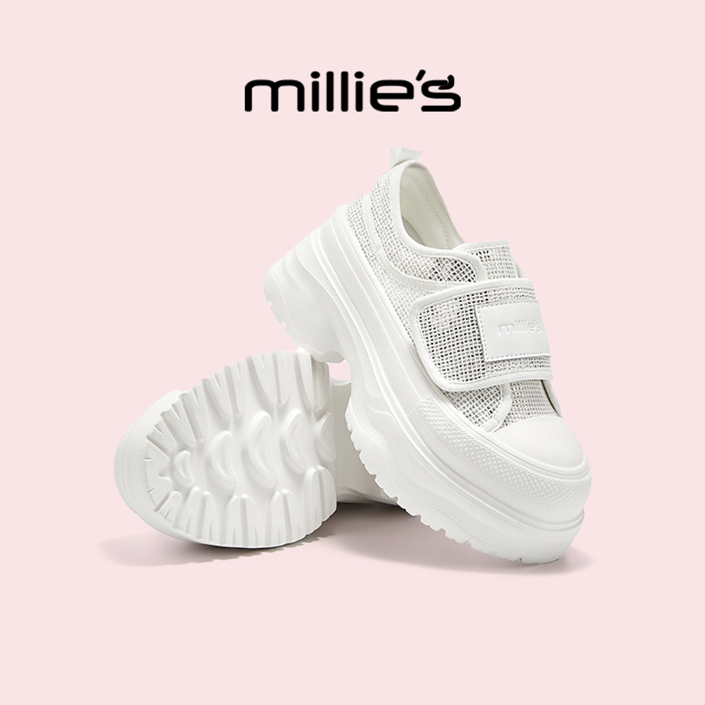 MILLIE'S/妙丽厚底增高小白鞋女2026新款夏季网面透气运动巨好看