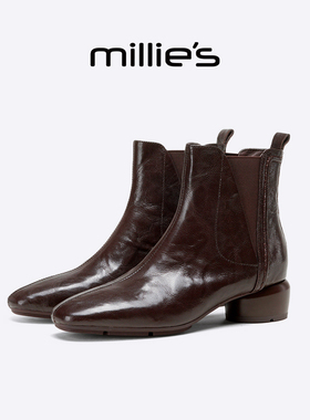MILLIE'S/妙丽女鞋2025新款真皮切尔西靴配裙子靴子粗跟舒适短靴