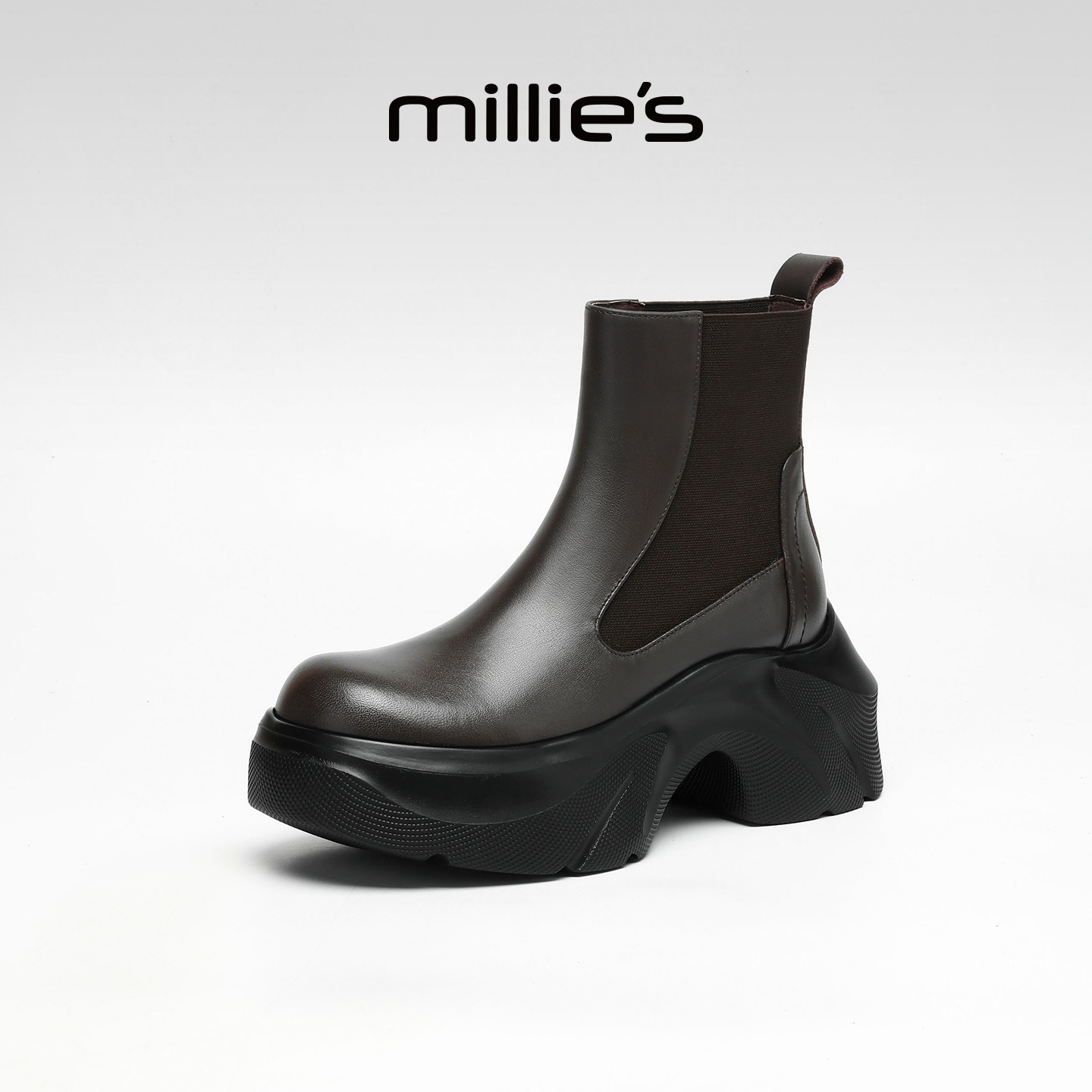 MILLIE'S/妙丽加绒烟筒靴女2025冬季新款切尔西短靴保暖增高靴子