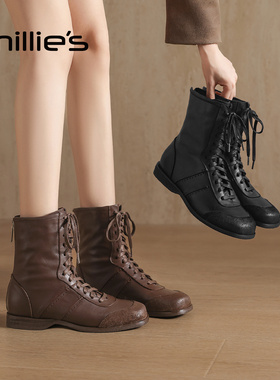 MILLIE S/妙丽方头中跟短靴女冬季复古皮带扣套筒英伦显瘦西部靴